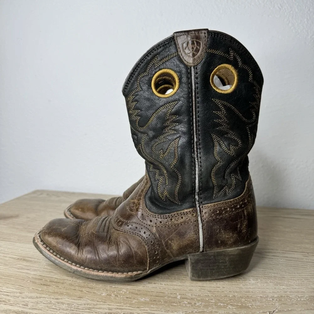 Ariat Heritage Roughstock Brown & Black Leather Western Cowboy Boots Kids Size 1